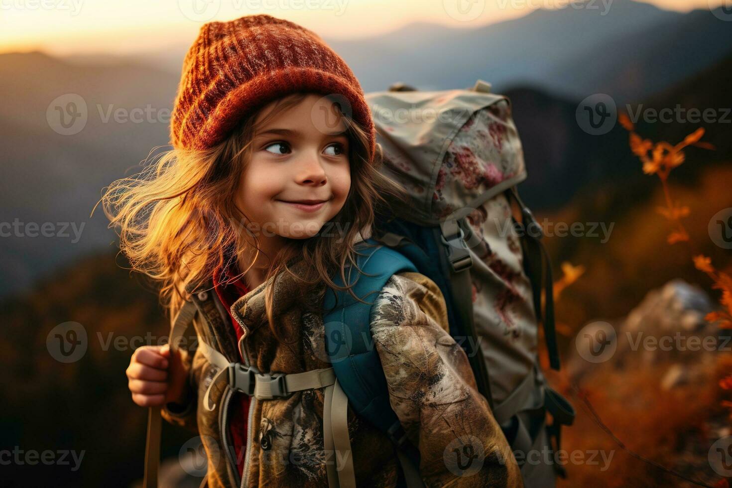 peu fille avec sac à dos randonnée sur Montagne de pointe à coucher de soleil, Voyage et aventure concept ai généré photo