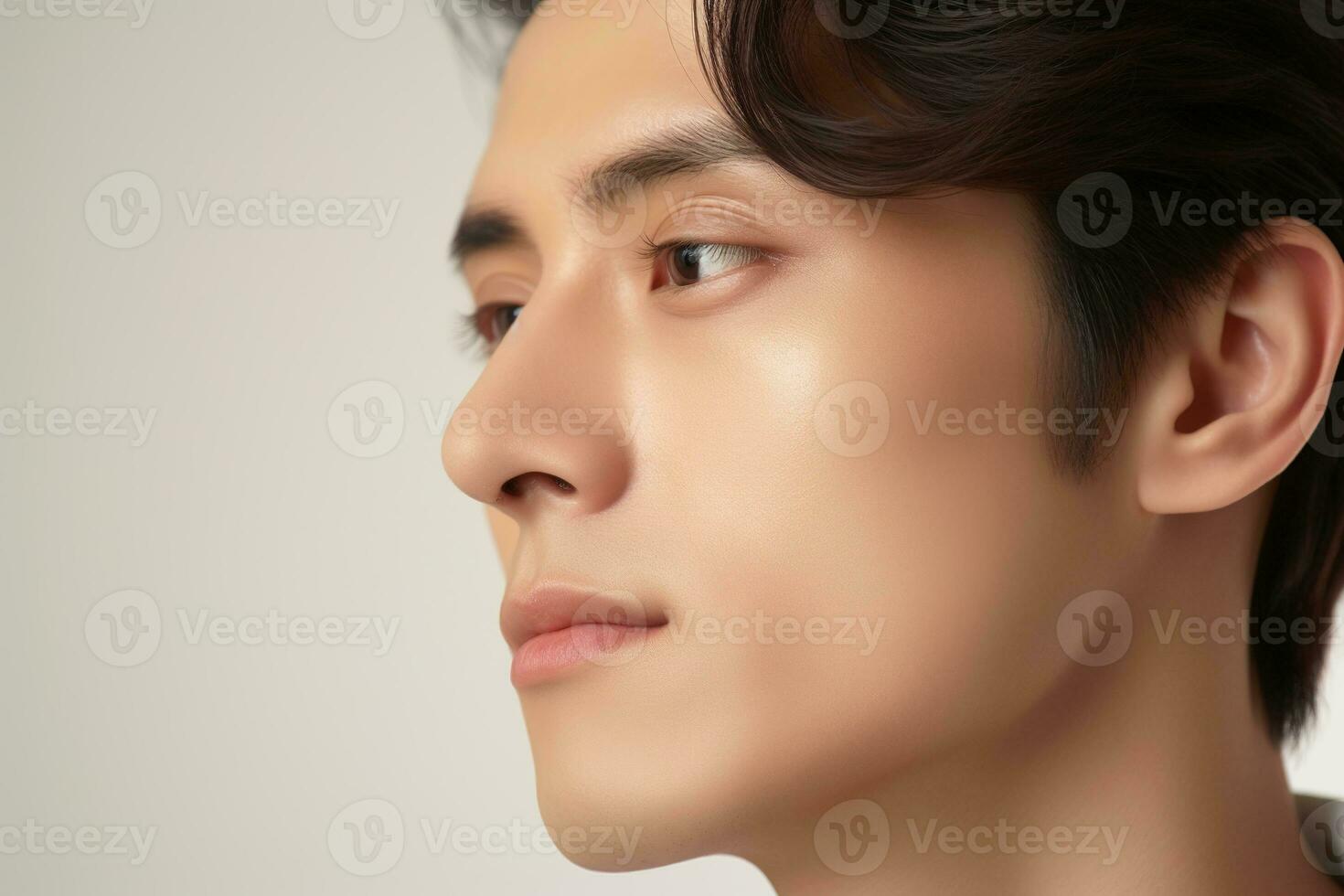 portrait de Beau Jeune asiatique homme avec nettoyer peau, studio coup ai généré photo