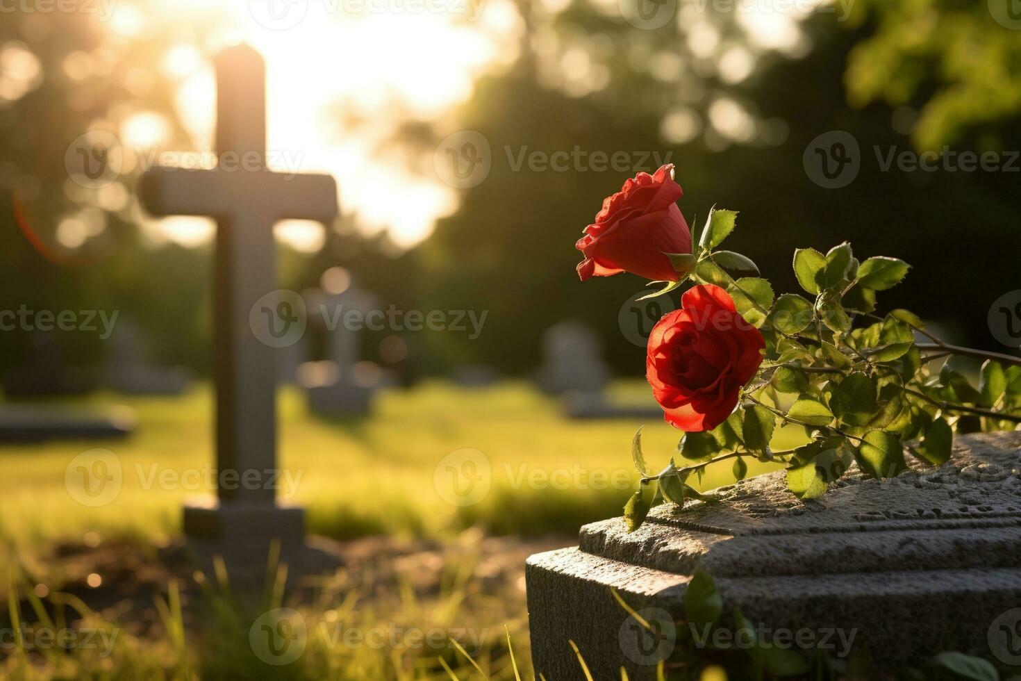 rouge des roses sur une la tombe à une cimetière pendant le le coucher du soleil avec copie espace ai généré photo