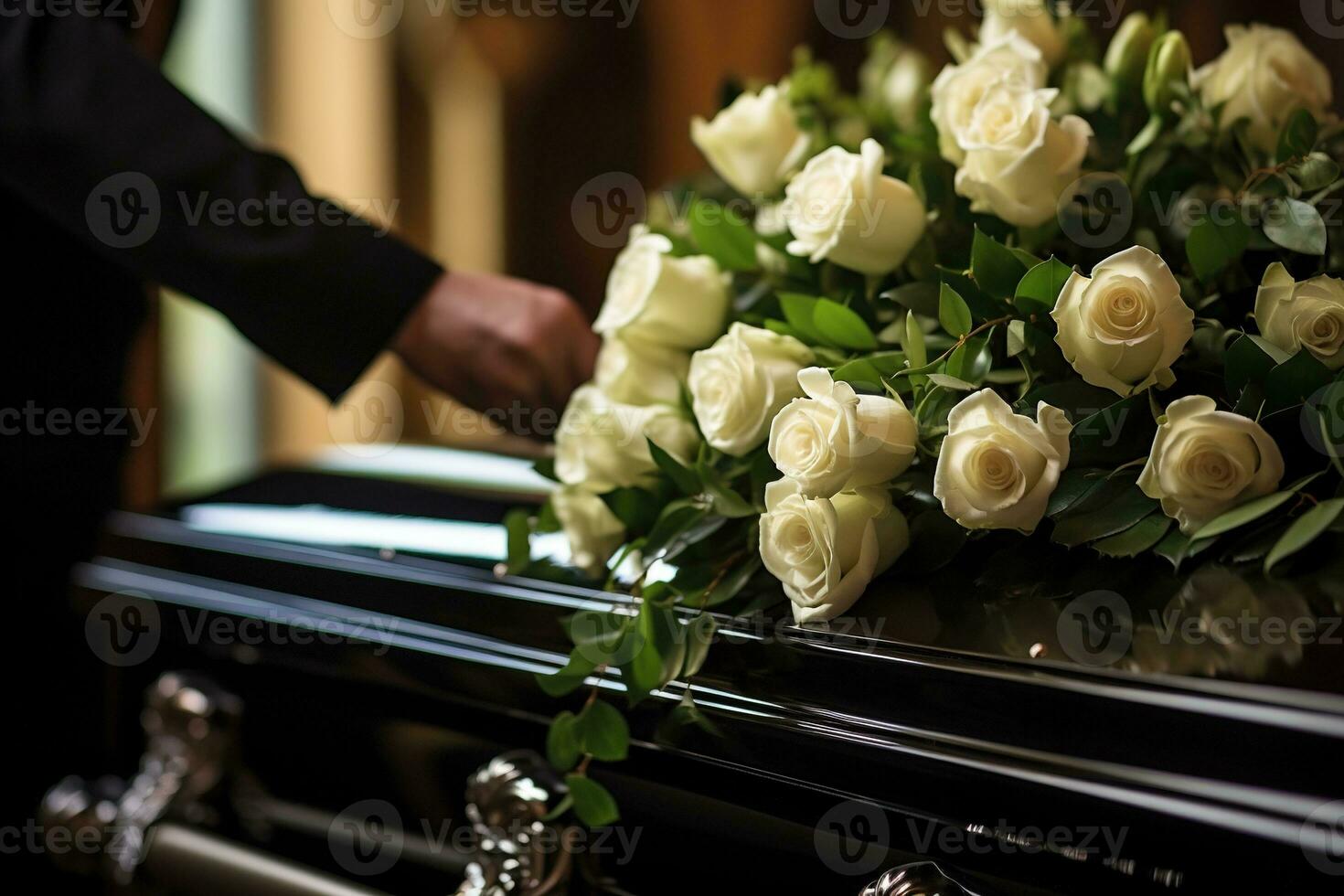 fermer de une femme main placement une bouquet de blanc des roses dans une cercueil.funérailles concept ai généré photo