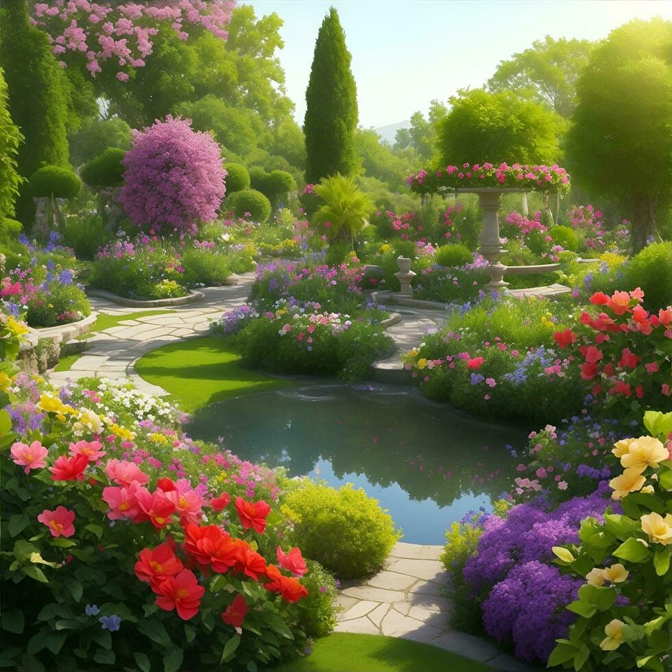 magnifique jardin vue avec divers fleurs, ai généré. photo