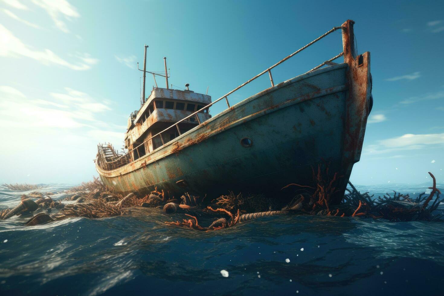 pêche bateau épave dans le mer avec bleu ciel. 3d le rendu, épave de une pêche bateau dans le mer. 3d rendre, ai généré photo