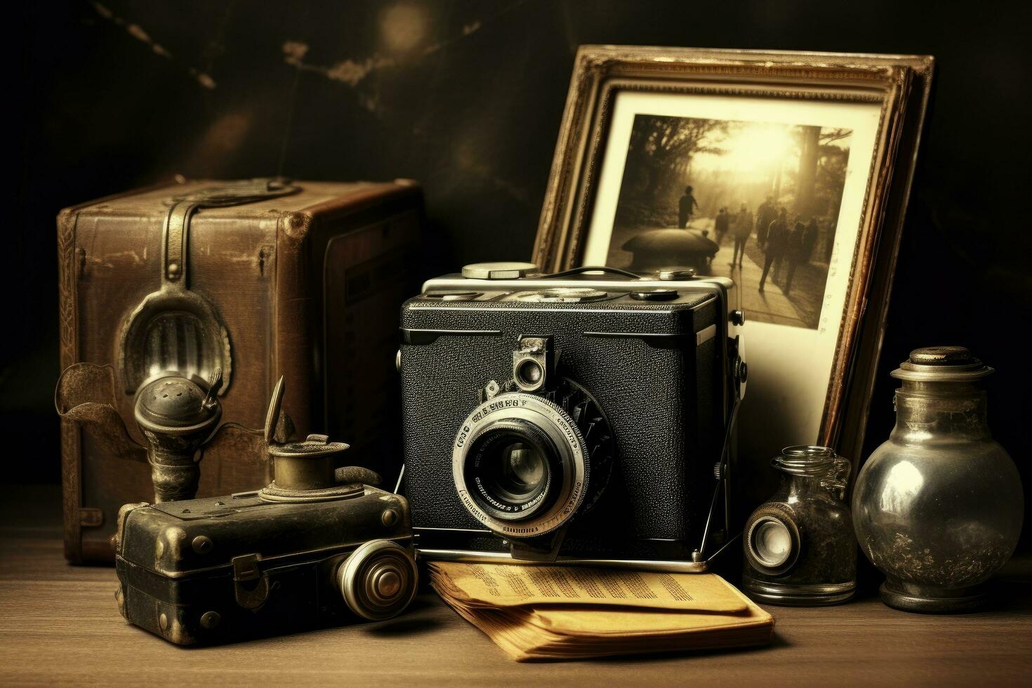 ancien caméra, photo cadres et autre objets sur une en bois tableau, ancien caméra et vieux photographies, ai généré