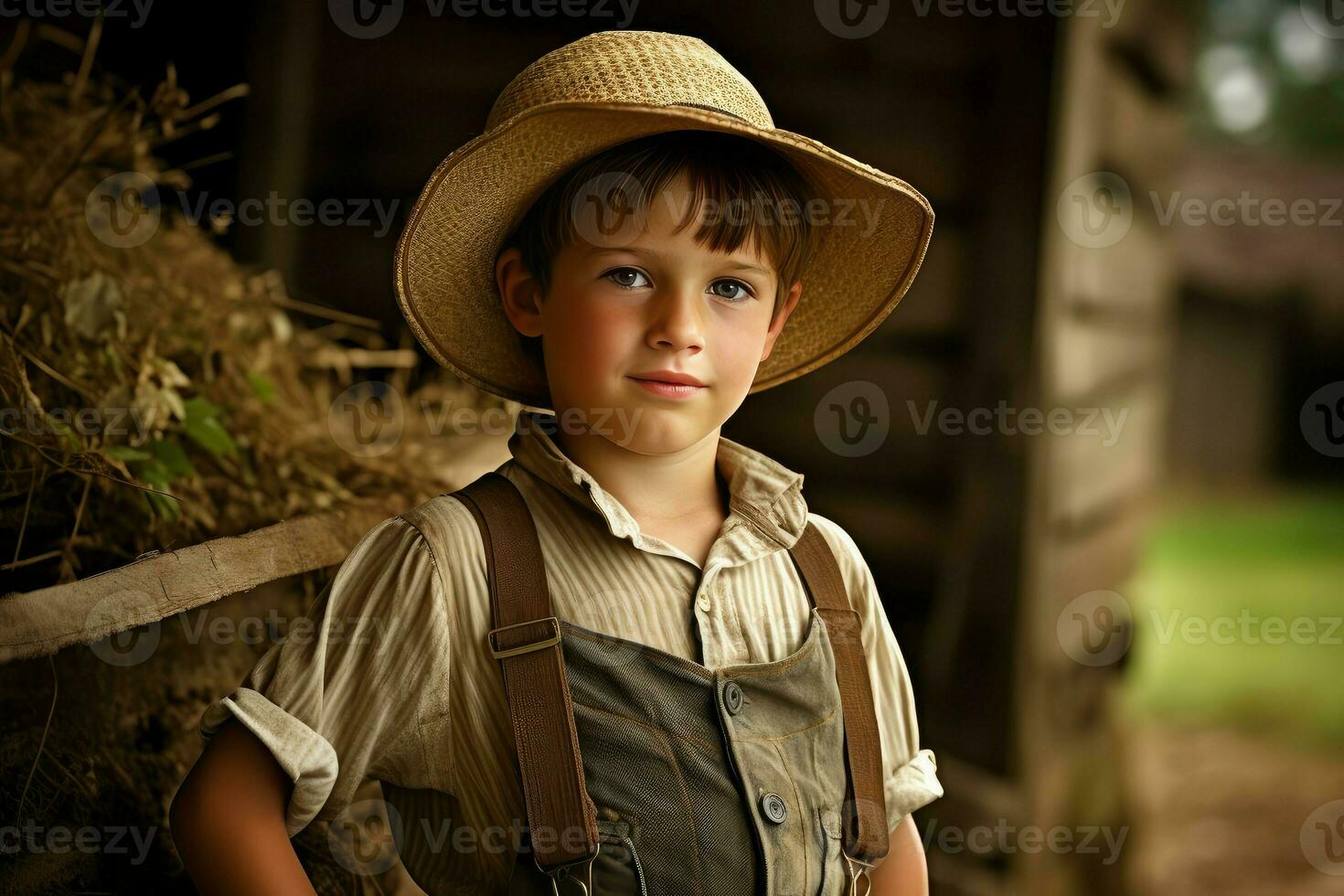 aventureux américain agriculteur garçon à champ. produire ai photo