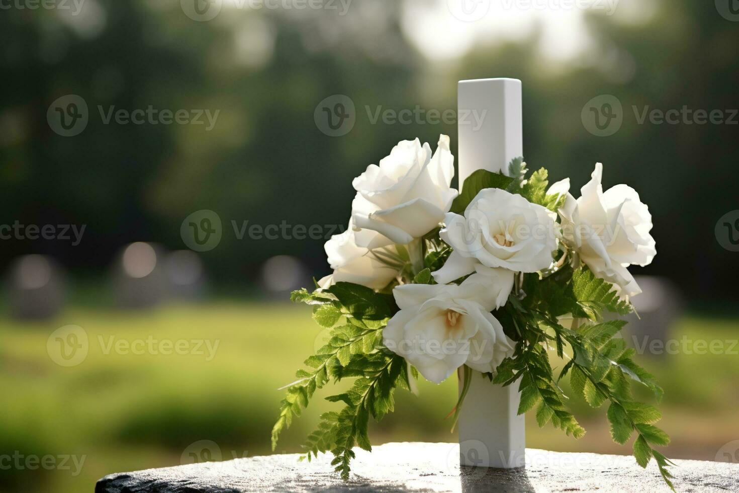 blanc fleurs dans de face de une pierre tombale à une cimetière avec coucher de soleil.funérailles concept ai généré photo