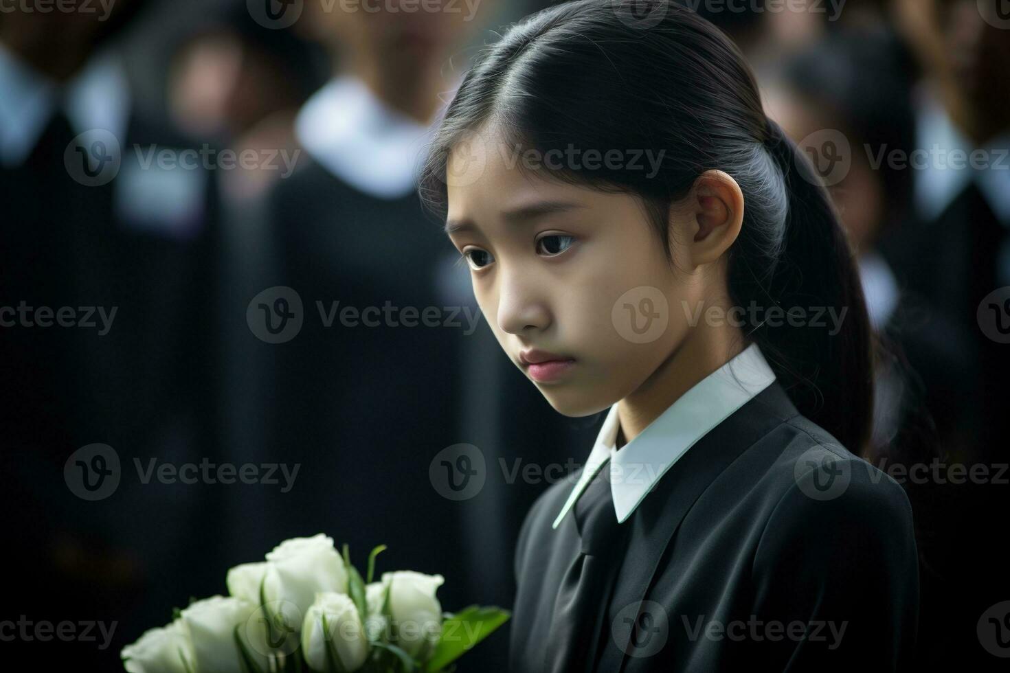 portrait de une peu asiatique fille avec dans le cimetière, funérailles concept ai généré photo