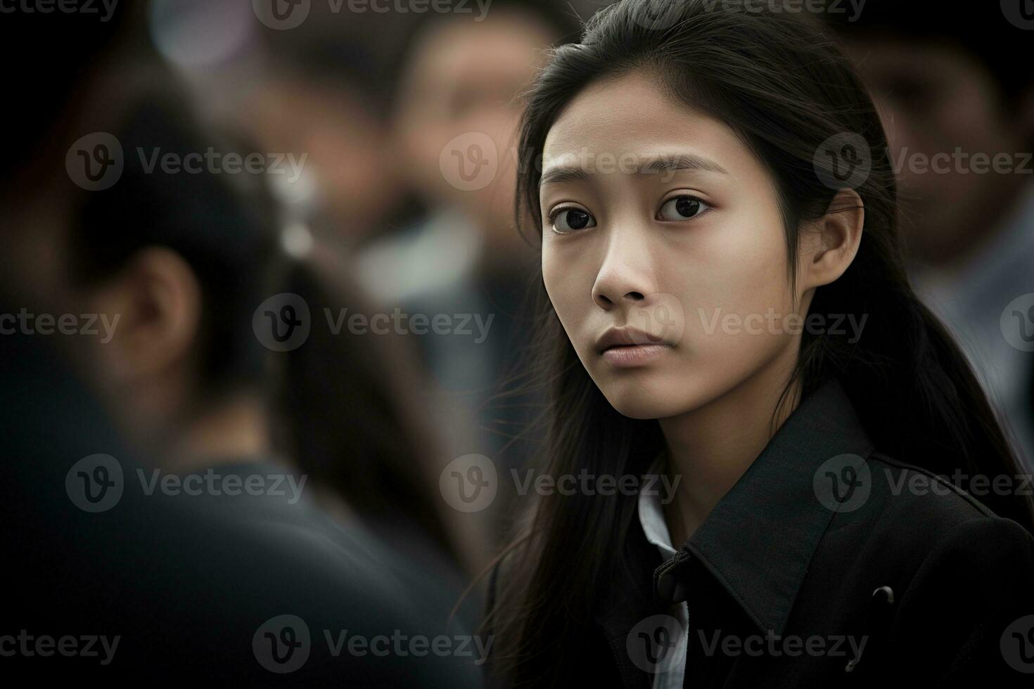 portrait de une peu asiatique fille avec dans le cimetière, funérailles concept ai généré photo