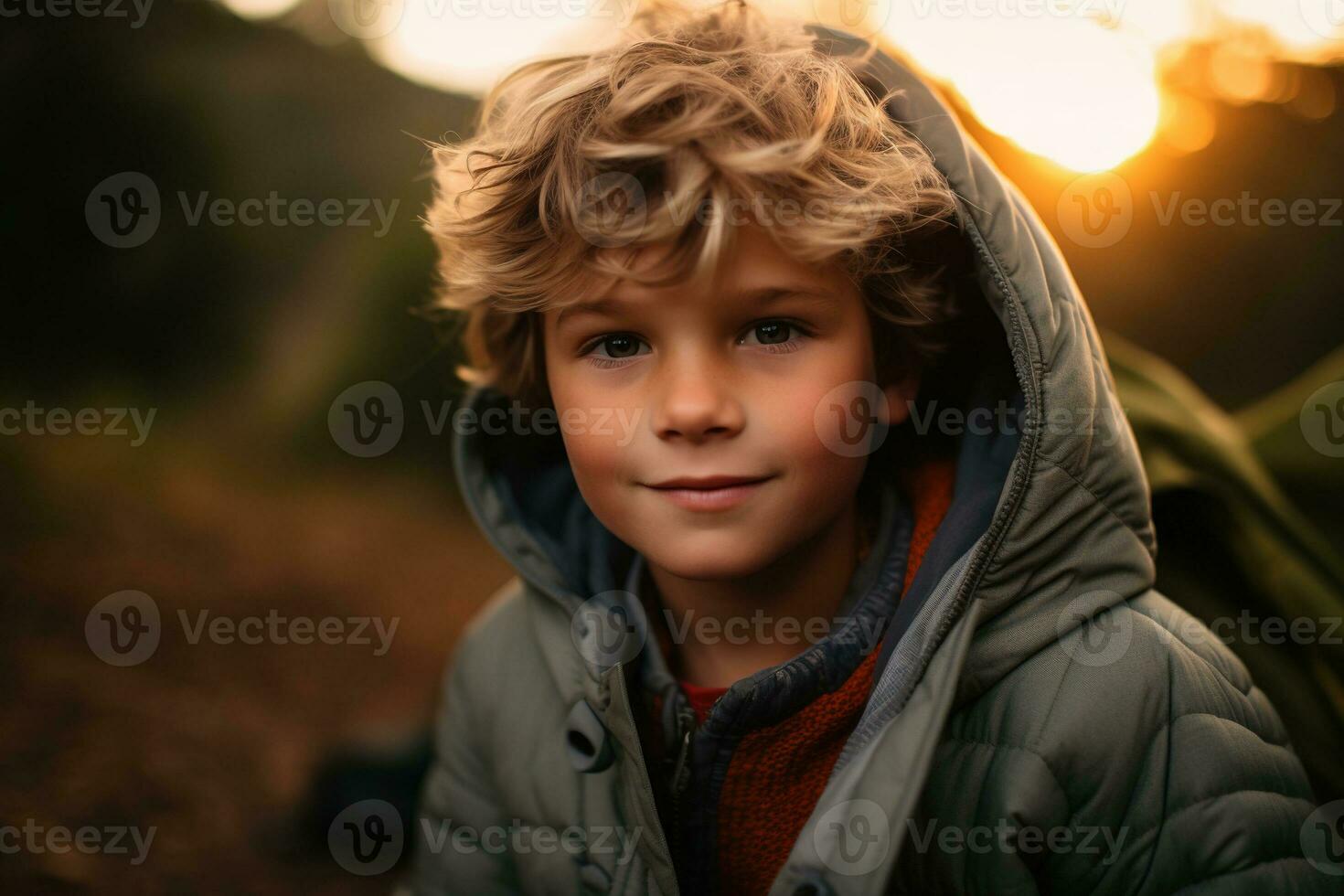 portrait de une mignonne garçon à la recherche à caméra tandis que près le sien tente dans la nature ai généré photo