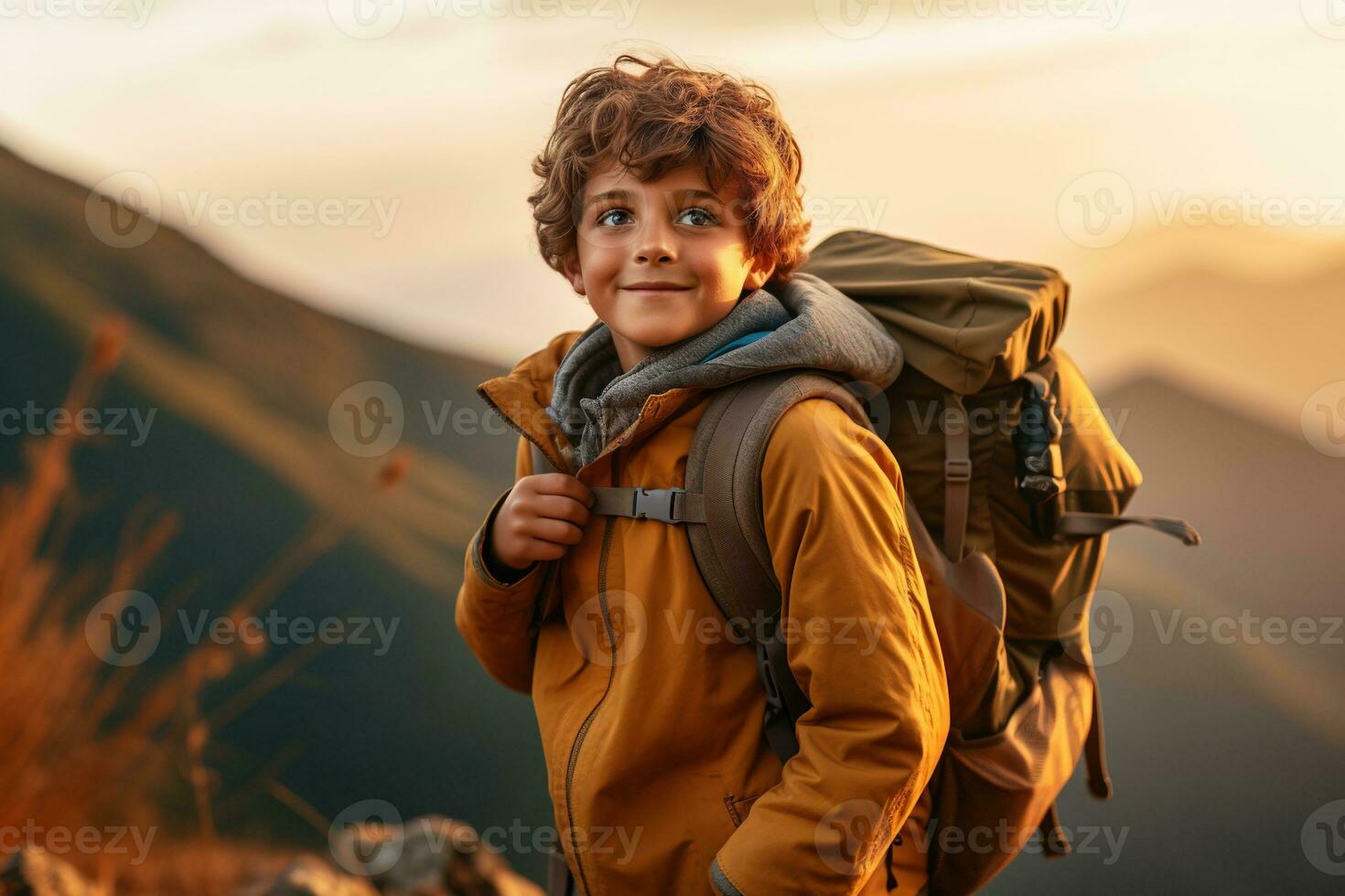 adorable peu garçon avec sac à dos randonnée dans montagnes à le coucher du soleil. Voyage et actif mode de vie concept ai généré photo