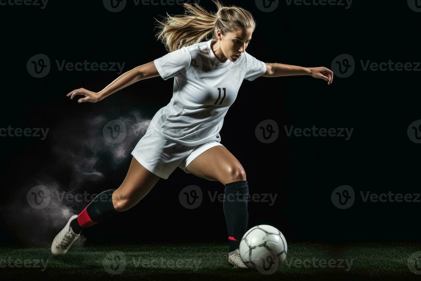 une femelle football joueur coups de pied le balle.ai génératif photo