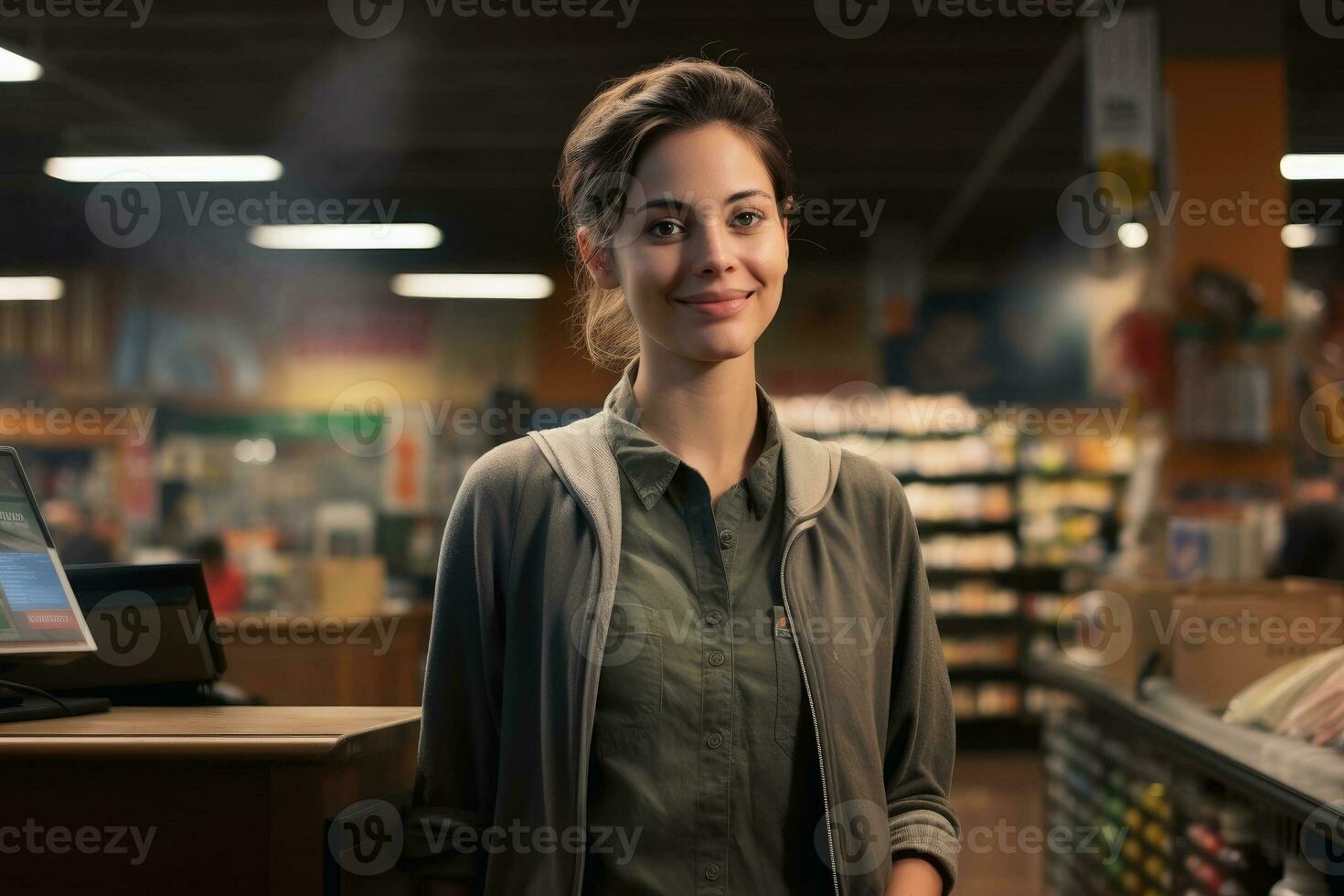 une amical femelle vendeur à une épicerie magasin.ai génératif photo