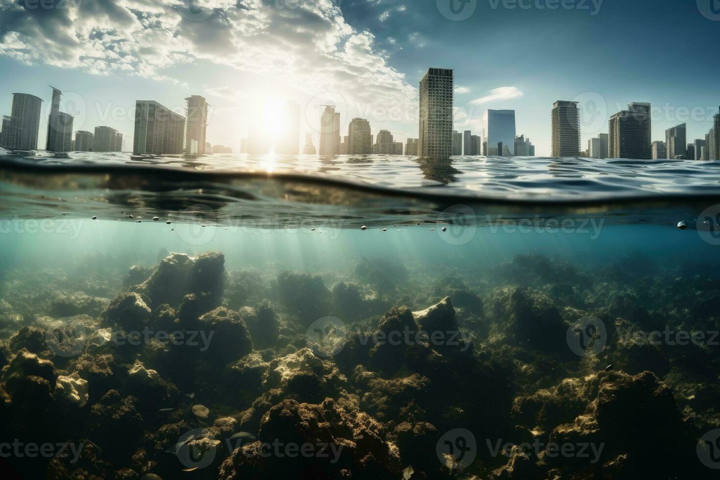 une gros ville coulé dans le l'eau de le océan.ai génératif photo