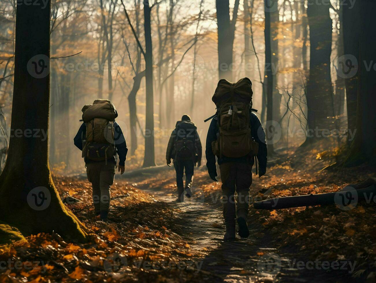gens randonnée dans une serein l'automne forêt. haute résolution. ai génératif photo