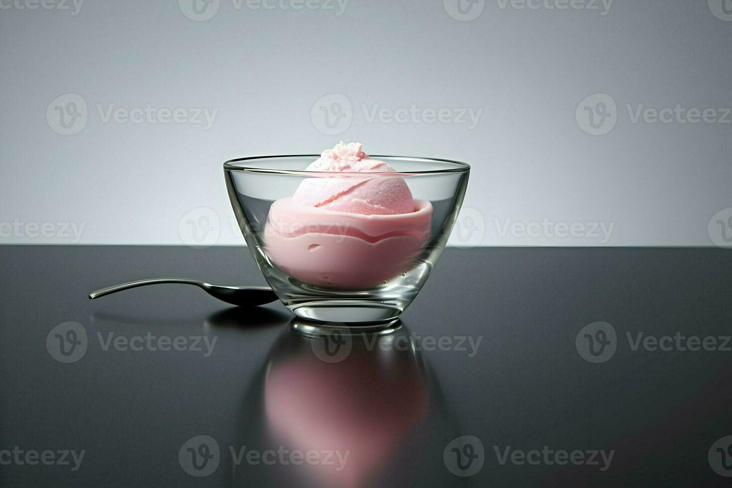 rose la glace crème dans une verre bol sur le table sur une gris Contexte dans minimaliste style. haute résolution. ai génératif photo