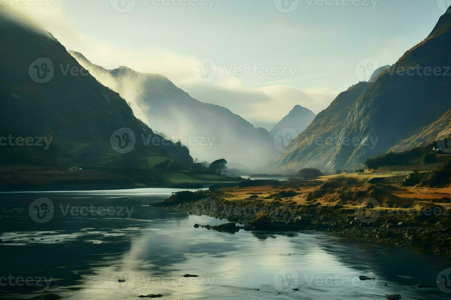 fermer cinématique coup de Montagne Lac Contexte. haute résolution. ai génératif photo