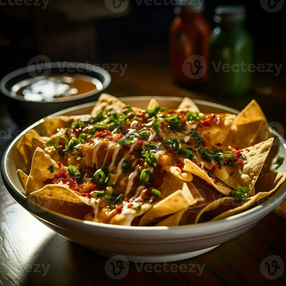 Nachos dans une bol près sauce sur une foncé Contexte. haute résolution. ai génératif photo