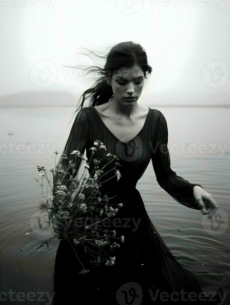 une magnifique noir et blanc portrait de une femme avec une bouquet de fleurs. haute résolution. ai génératif photo