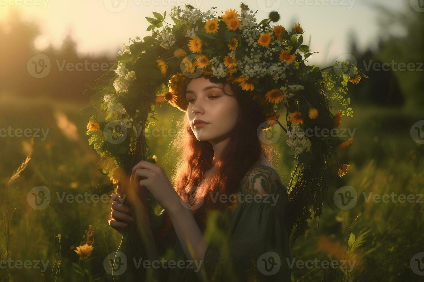 une Jeune femme dans une fleur couronne sur une ensoleillé prairie. photoréaliste image. ai généré. photo