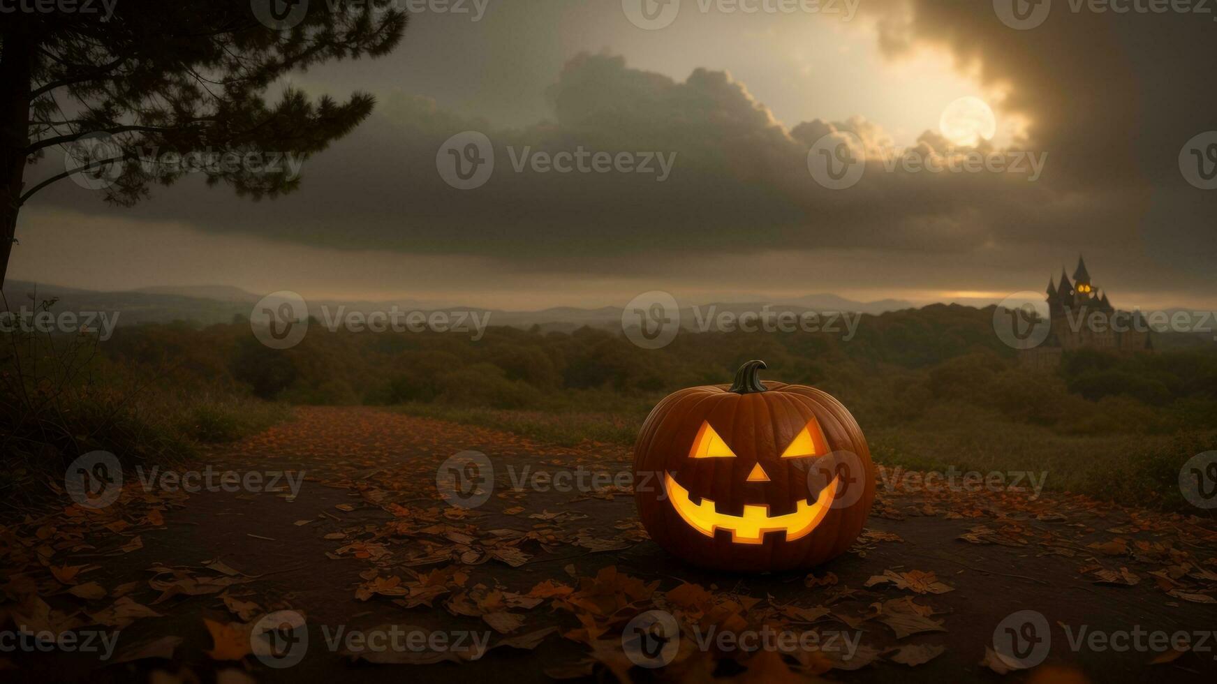 Halloween Contexte. jack o lanterne contre le toile de fond de une mystique Château et une sombre forêt. ai généré photo