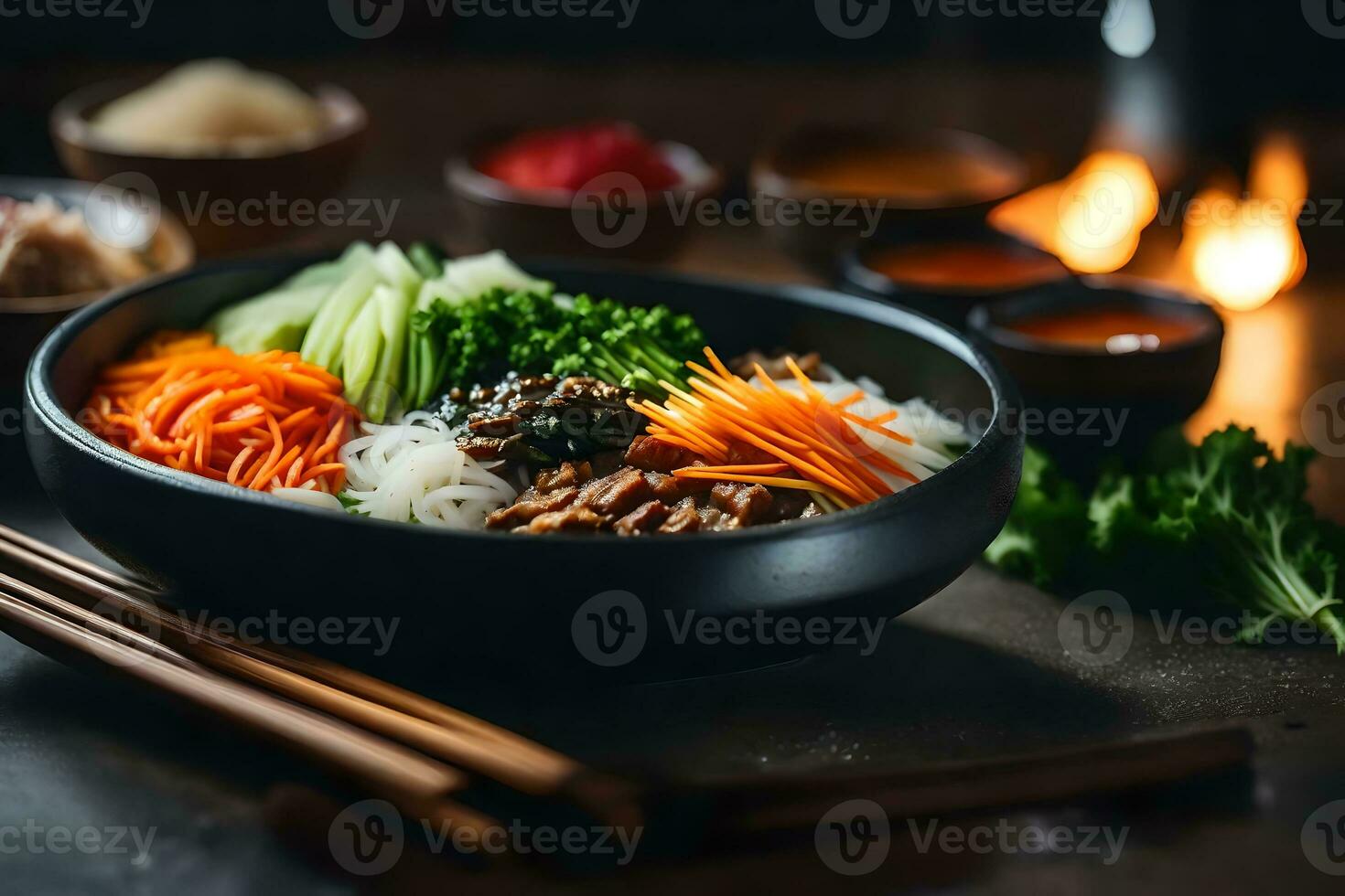 le caméra est en mouvement plus proche à spectacle une délicieux et célèbre nourriture de Corée appelé Bibimbap parfois, il pouvez être difficile à comprendre quoi est événement derrière quelque chose ai généré photo