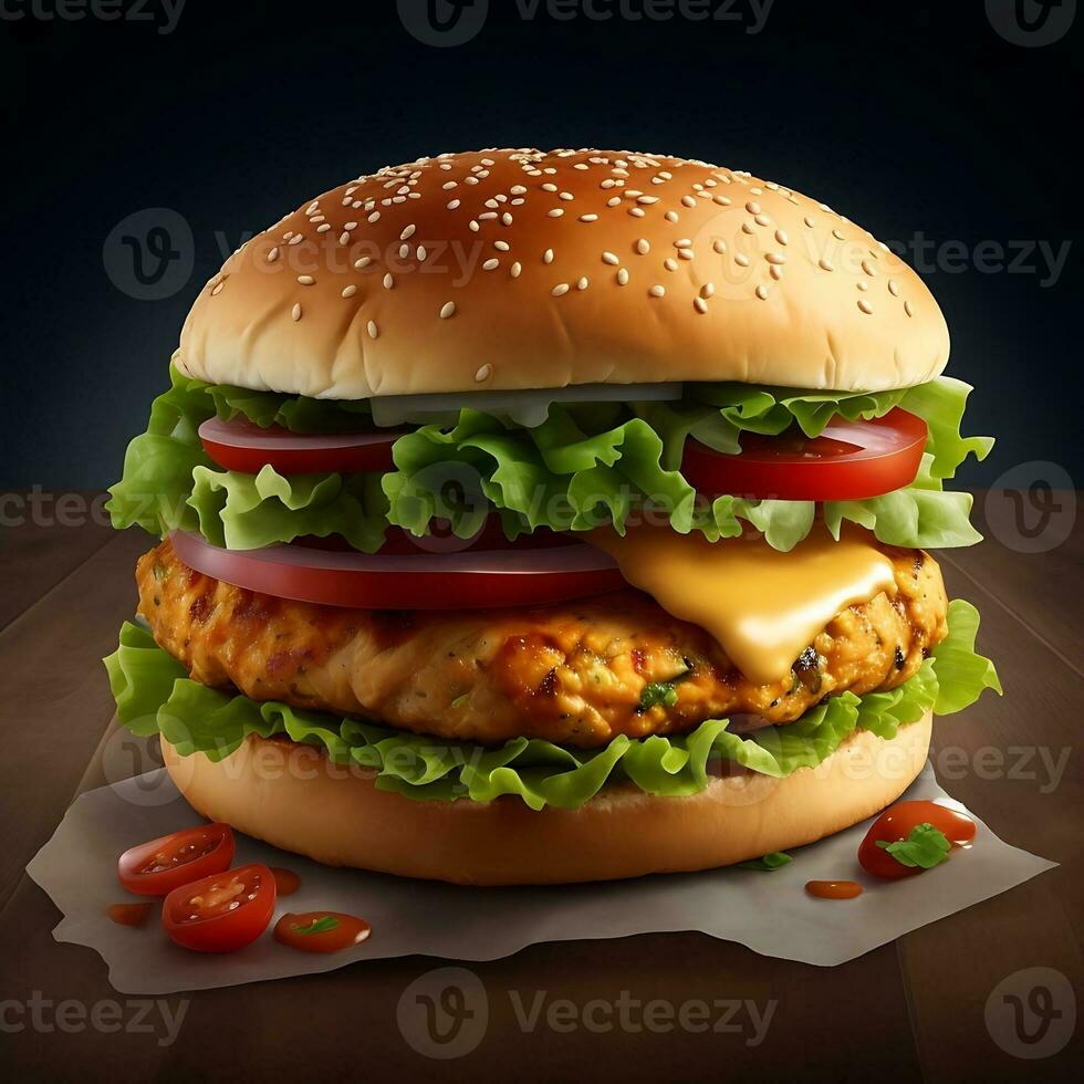 Burger avec bœuf, poulet rouge oignon, tomate et frit bacon. ai génératif photo