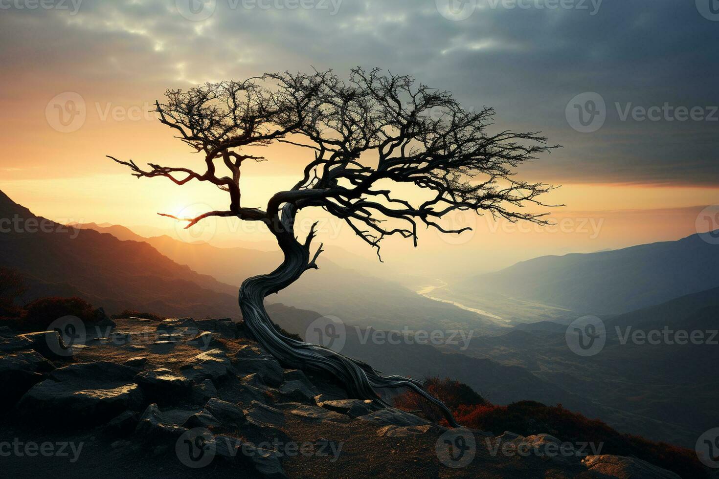 solitaire arbre dans le milieu de une brumeux Montagne paysage ai génératif photo