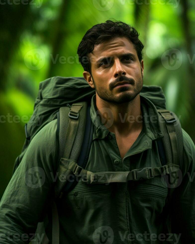 une homme dans le milieu de une déserté et vert la nature. génératif ai photo