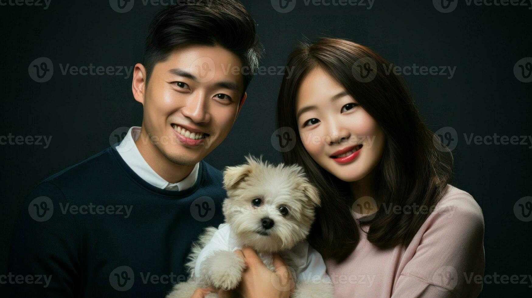 asiatique couple avec leur chien capture une parfait famille moment.. génératif ai photo