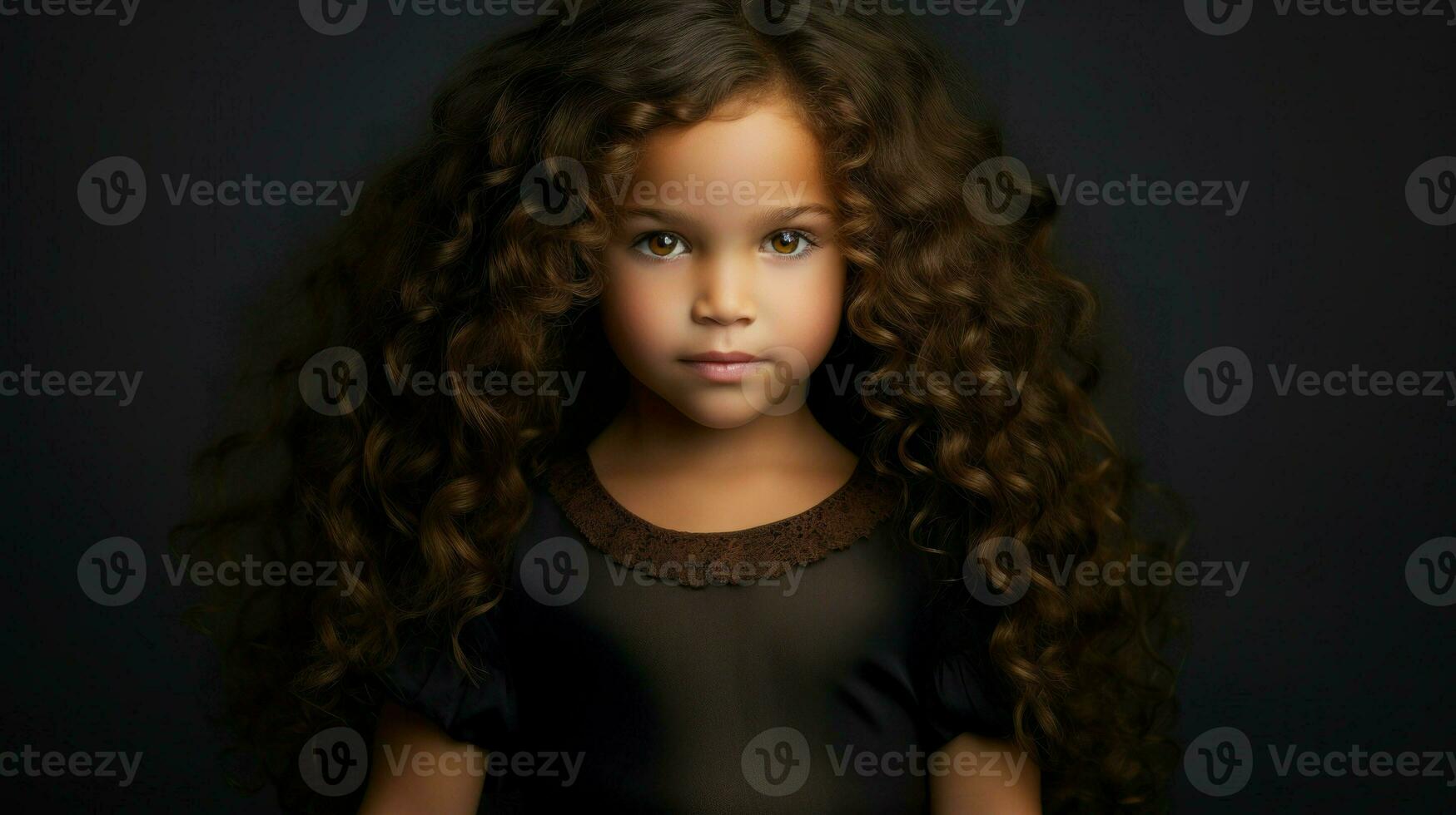 une portrait de une peu fille avec frisé cheveux et une sérieux expression.. génératif ai photo