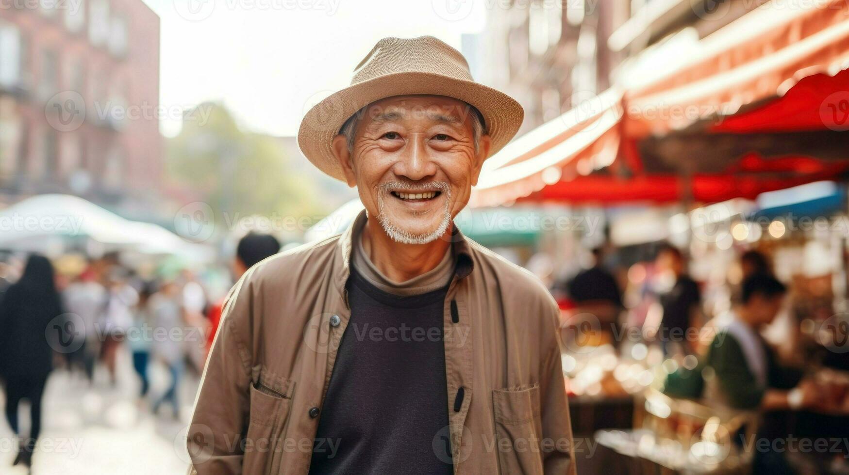 asiatique vieux homme visite une rue marché dans le des rues de Asie. génératif ai photo