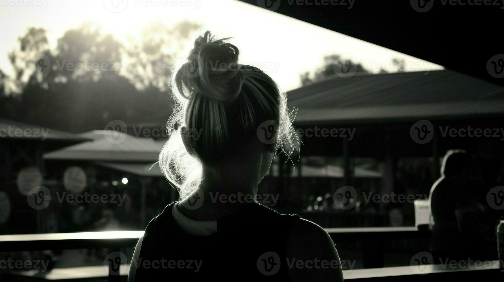 noir et blanc photo de Jeune fille avec sa retour tourné. génératif ai