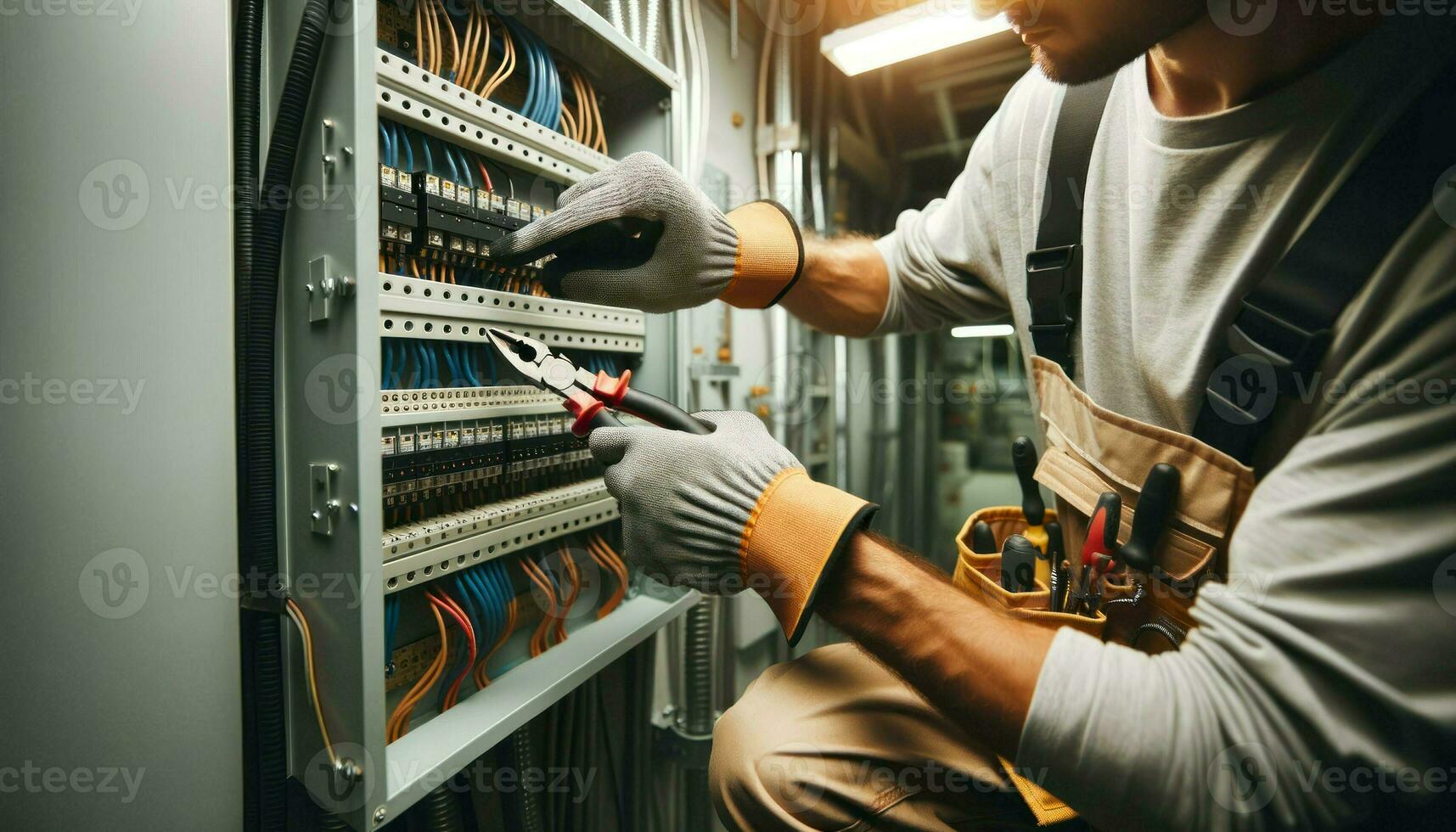 un électricien, avec sécurité gants et outils, travail sur un ouvert électrique panneau.. génératif ai photo