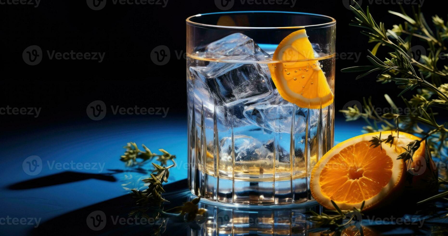la glace cubes avec citron et Romarin dans une verre sur bleu Contexte. ai généré photo