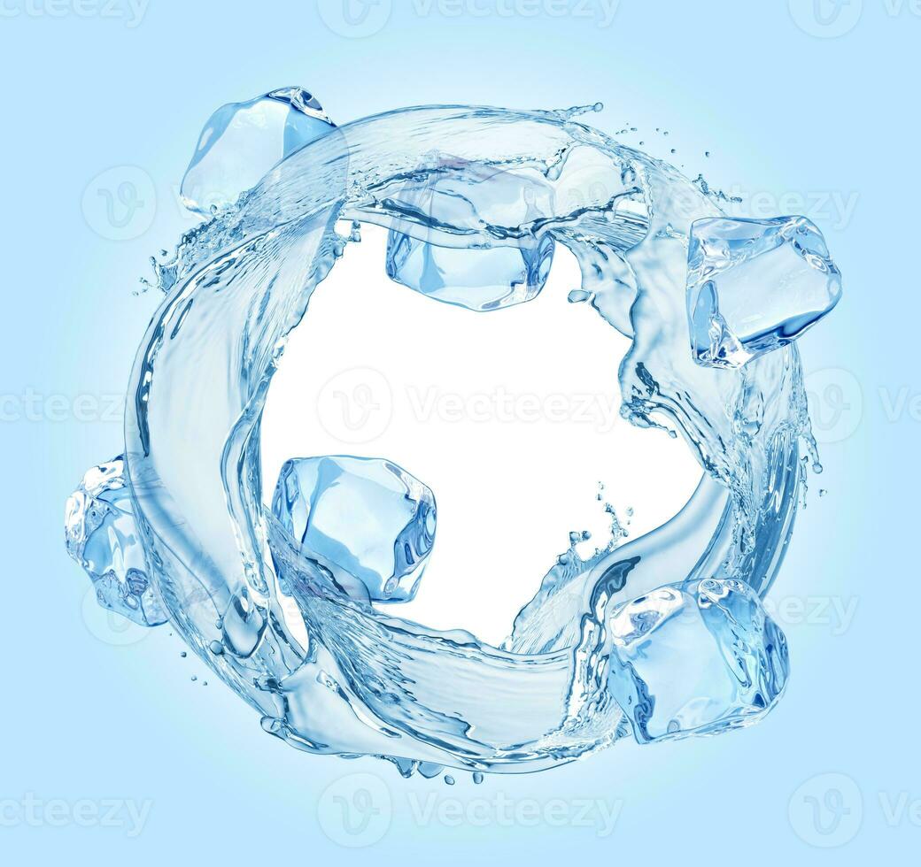 cercle l'eau éclaboussure avec la glace cubes sur bleu Contexte photo