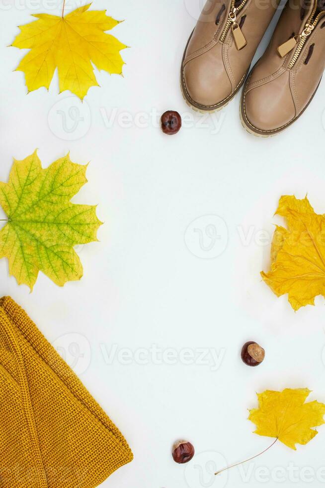élégant tenue avec Jaune la laine écharpe ou plaid, l'automne feuilles un photo