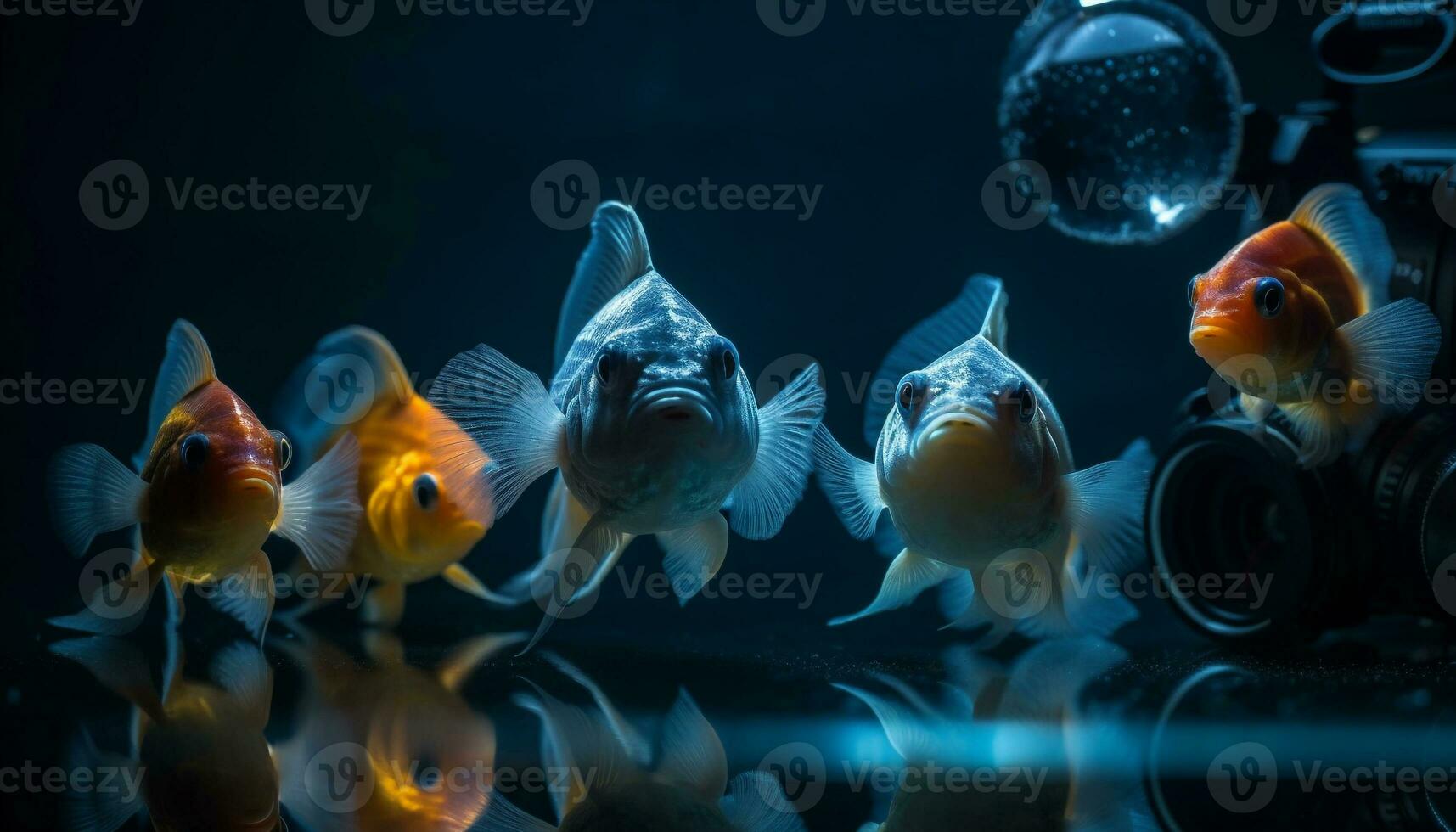 une groupe de coloré poisson nager dans une transparent sous-marin réservoir généré par ai photo