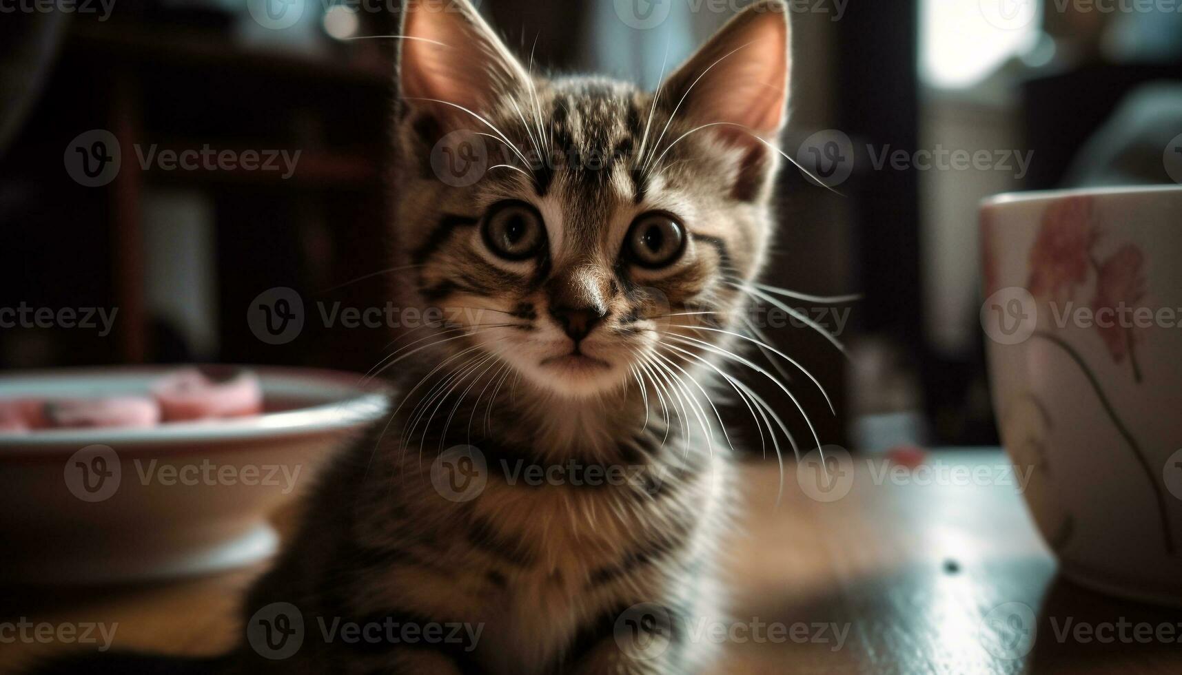 mignonne chaton séance, à la recherche à caméra avec espiègle curiosité généré par ai photo