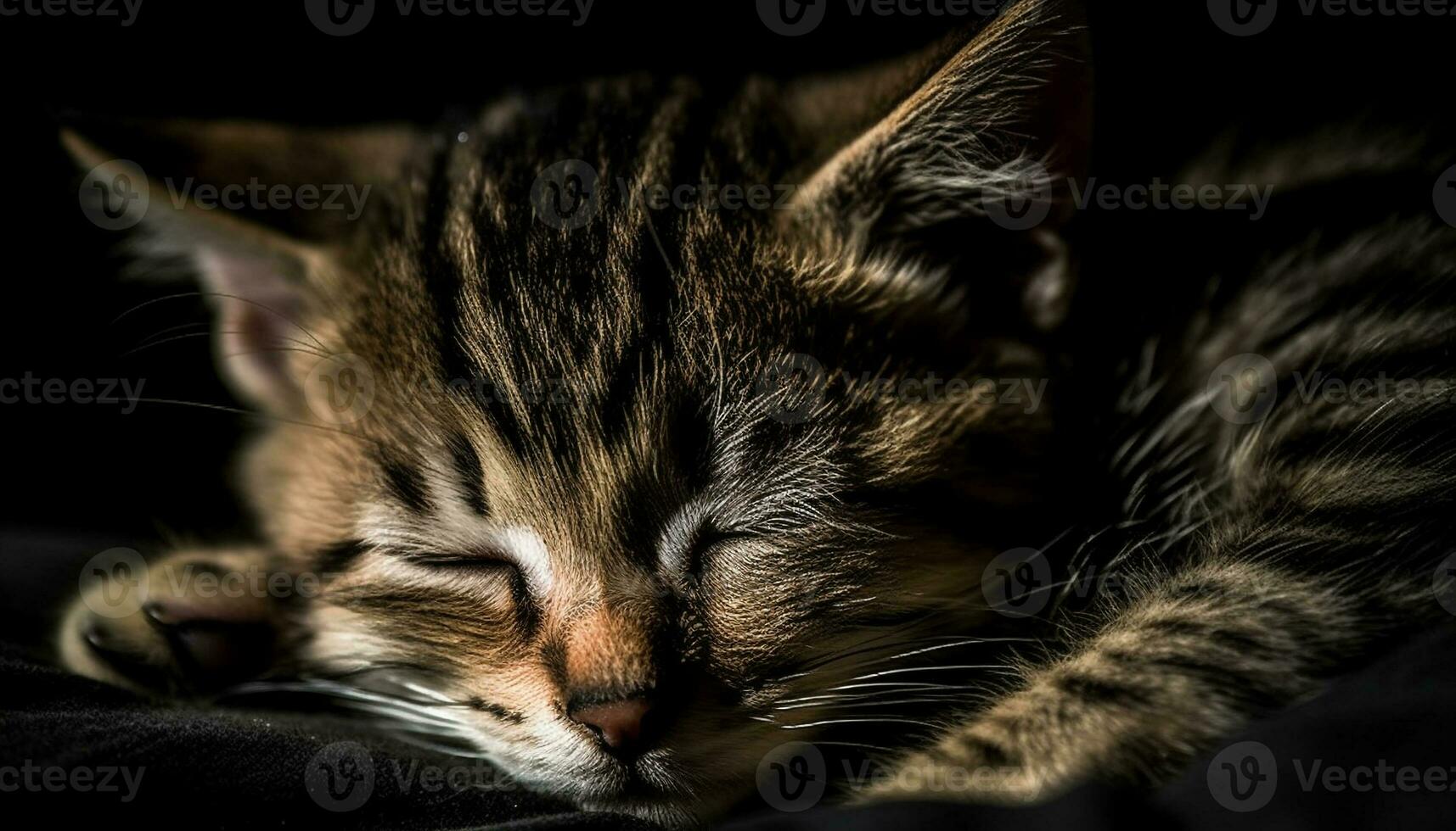 mignonne chaton dormant, moustaches doux, fourrure rayé, yeux regarder avec amour généré par ai photo