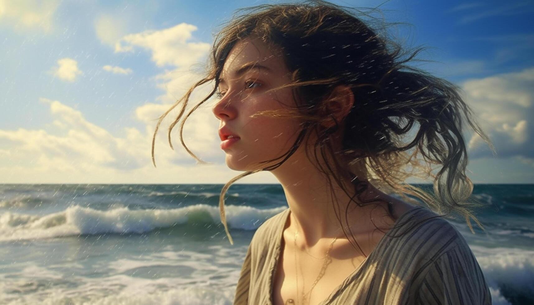 souriant femme jouit le le coucher du soleil sur le sablonneux littoral généré par ai photo