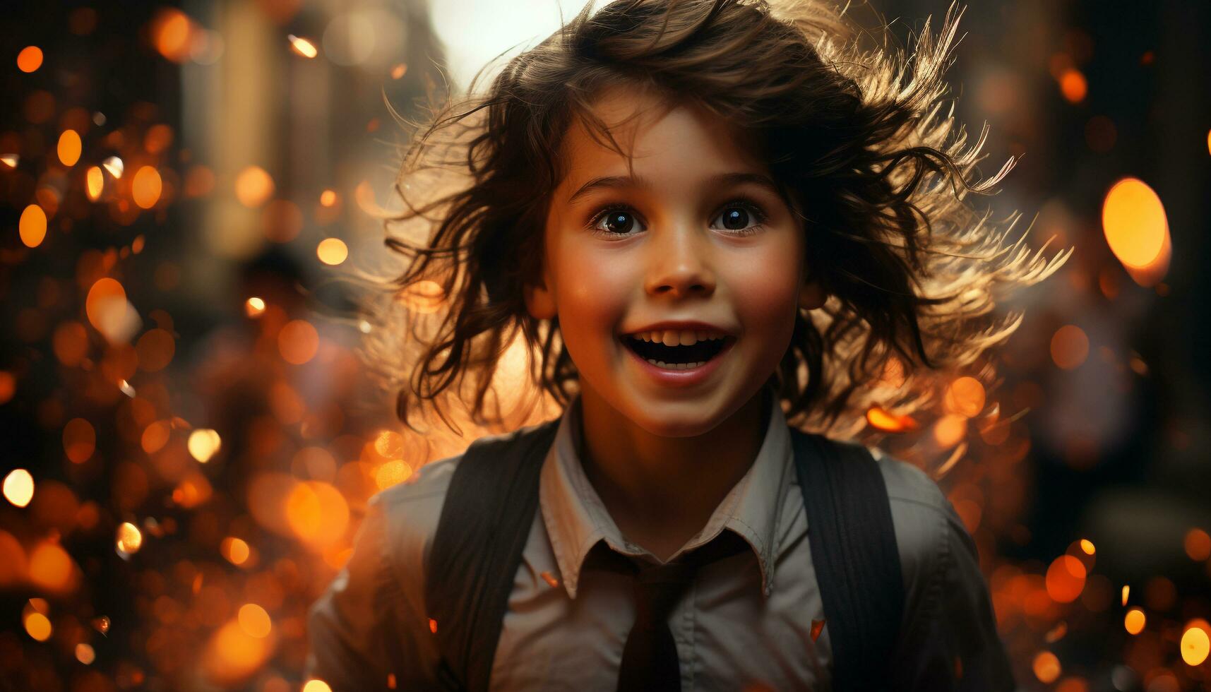 souriant enfant jouit Noël lumières, insouciant et espiègle en plein air généré par ai photo