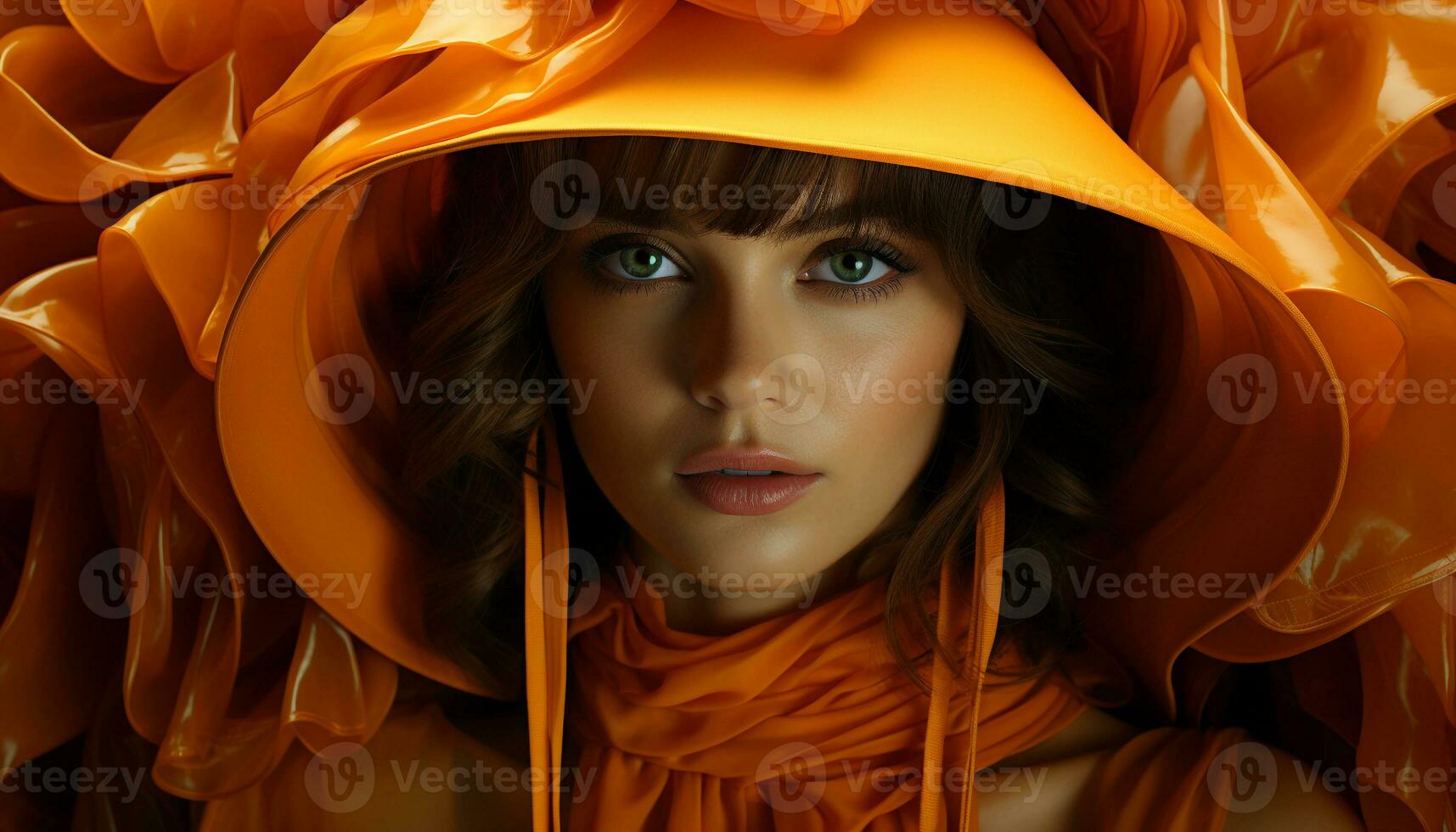 magnifique femme avec longue marron cheveux à la recherche à caméra en plein air généré par ai photo