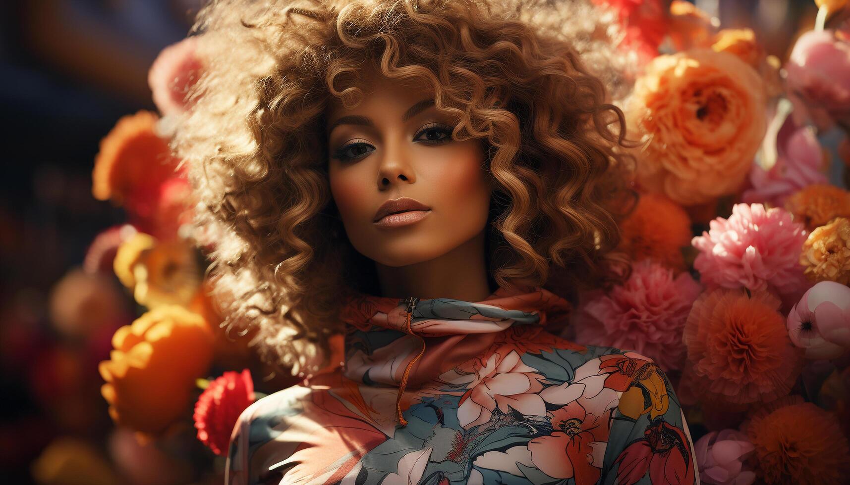 une magnifique Jeune femme avec frisé blond cheveux, à la recherche à le caméra, portant une mignonne robe, entouré par la nature et coloré fleurs généré par ai photo