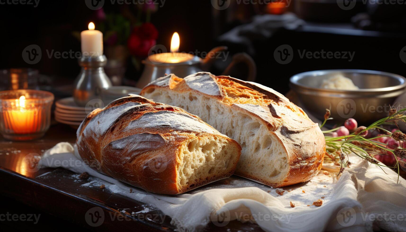 fraîchement cuit pain sur rustique tableau, une fait maison hiver délice généré par ai photo