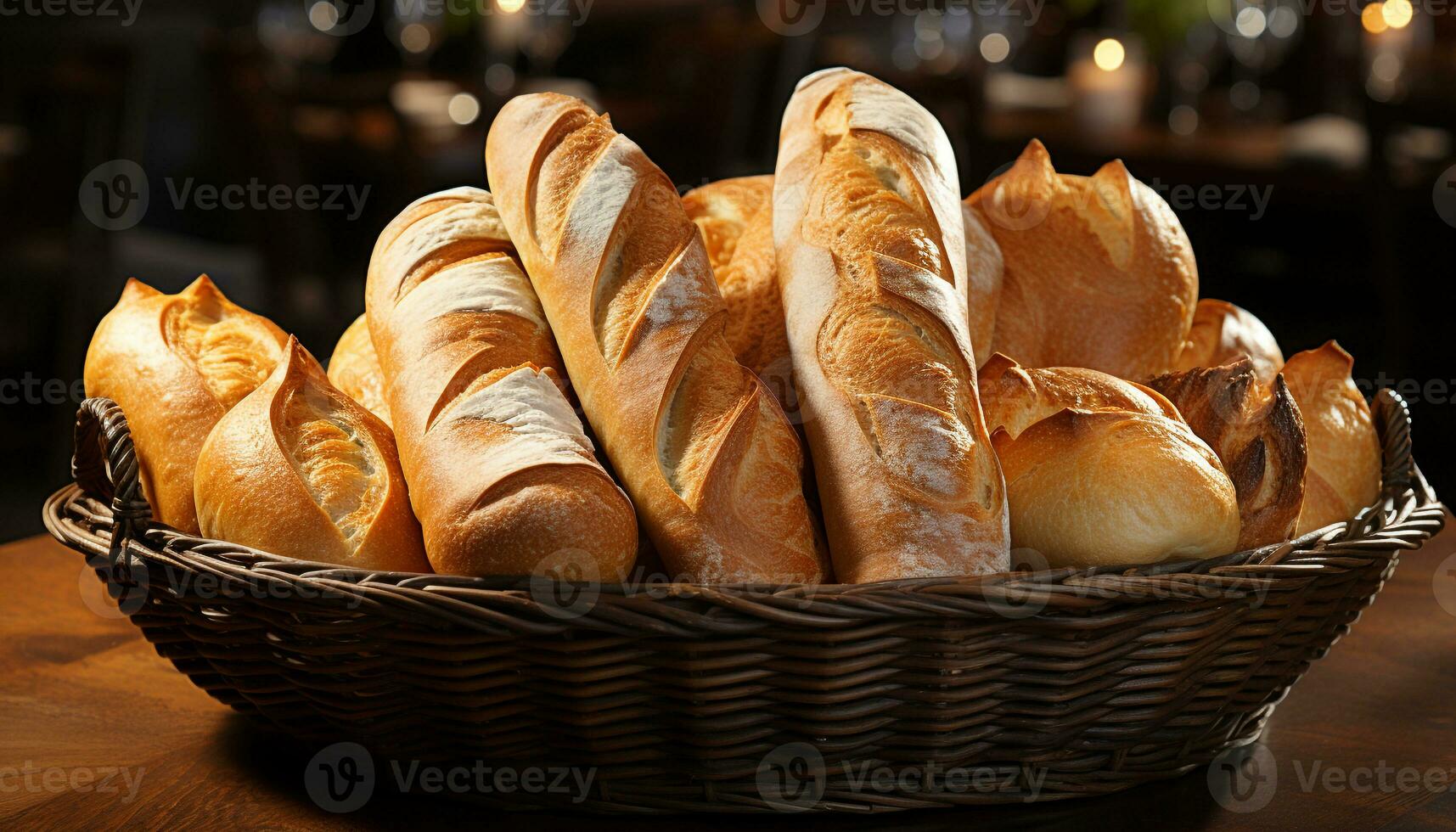 fraîchement cuit pain sur en bois tableau, une délicieux fait maison repas généré par ai photo