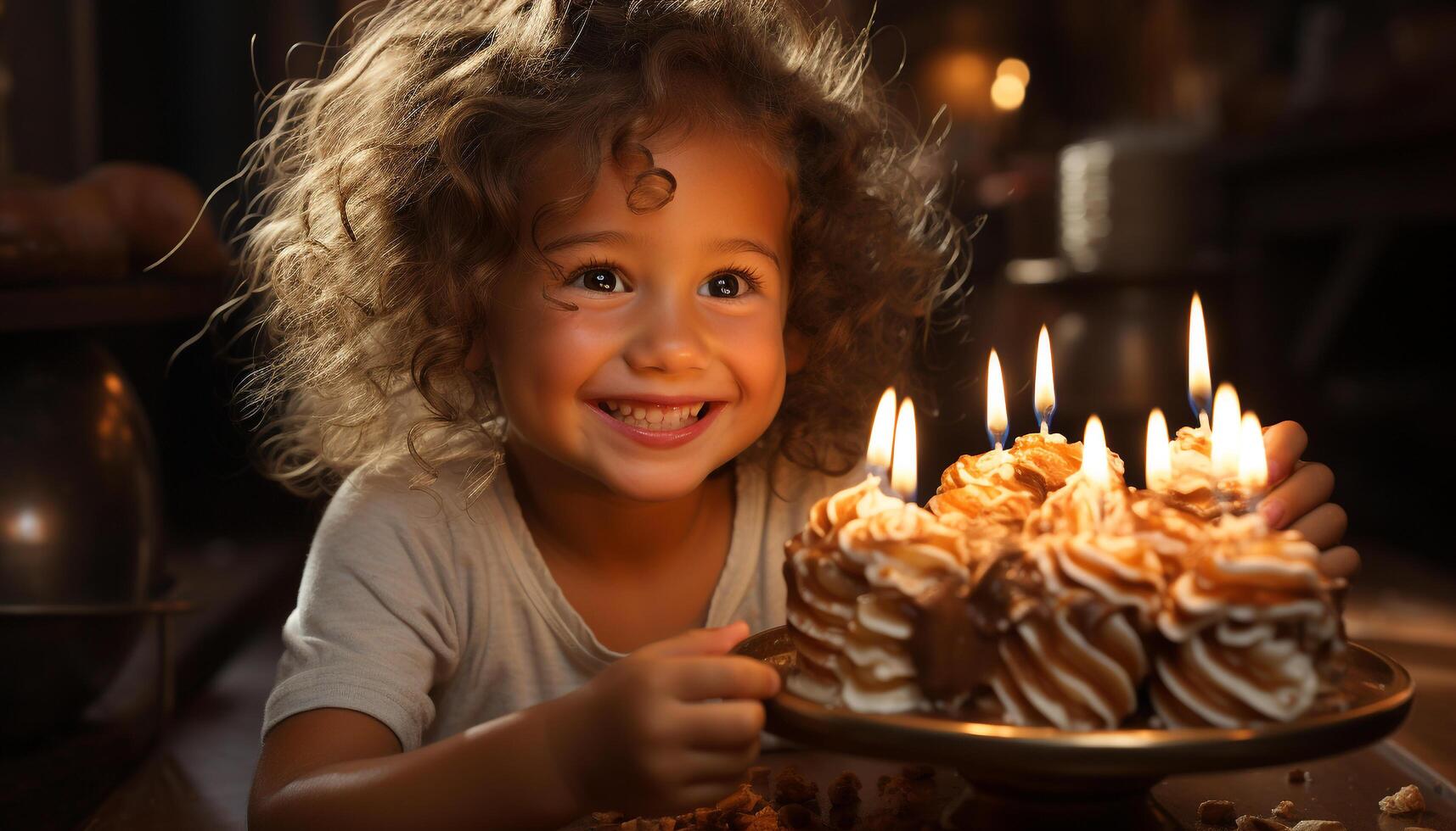 mignonne fille souriant, profiter anniversaire gâteau, entouré par de bonne humeur famille généré par ai photo