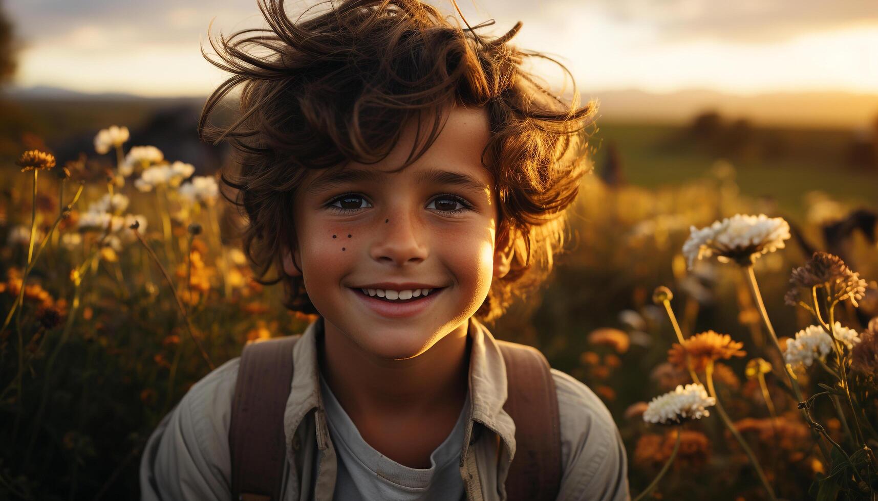 souriant enfant jouit nature, coucher de soleil, et insouciant Extérieur aventures généré par ai photo