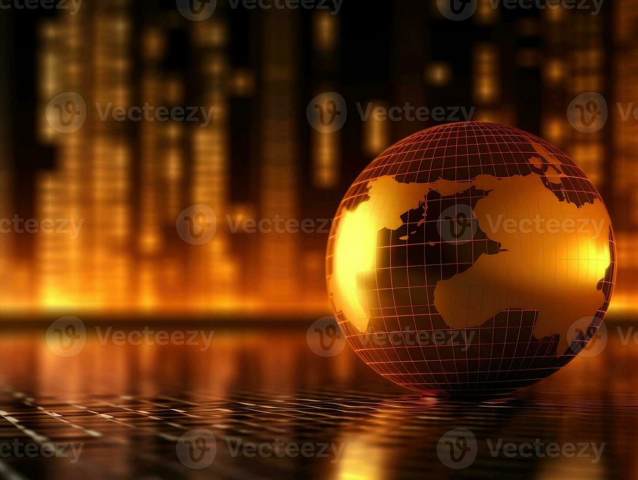 une or globe, Terre la finance concept économie global entreprise, grattes ciels dans le style de bokeh dans le Contexte. génératif ai photo