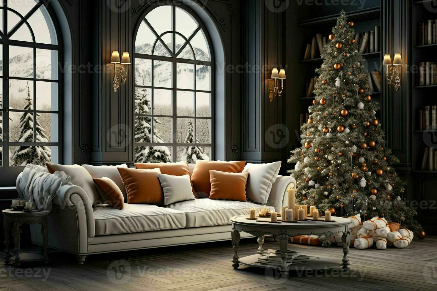 élégant intérieur de vivant pièce avec décoré Noël arbre, luxe vivant pièce Nouveau année photo