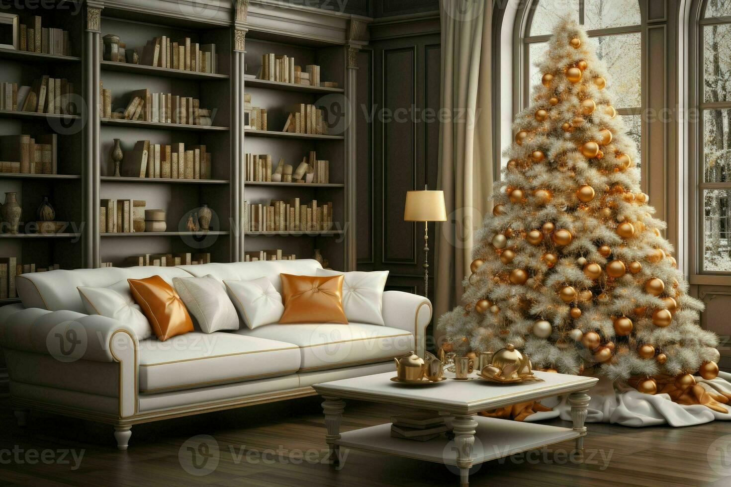 élégant intérieur de vivant pièce avec décoré Noël arbre, luxe vivant pièce Nouveau année photo