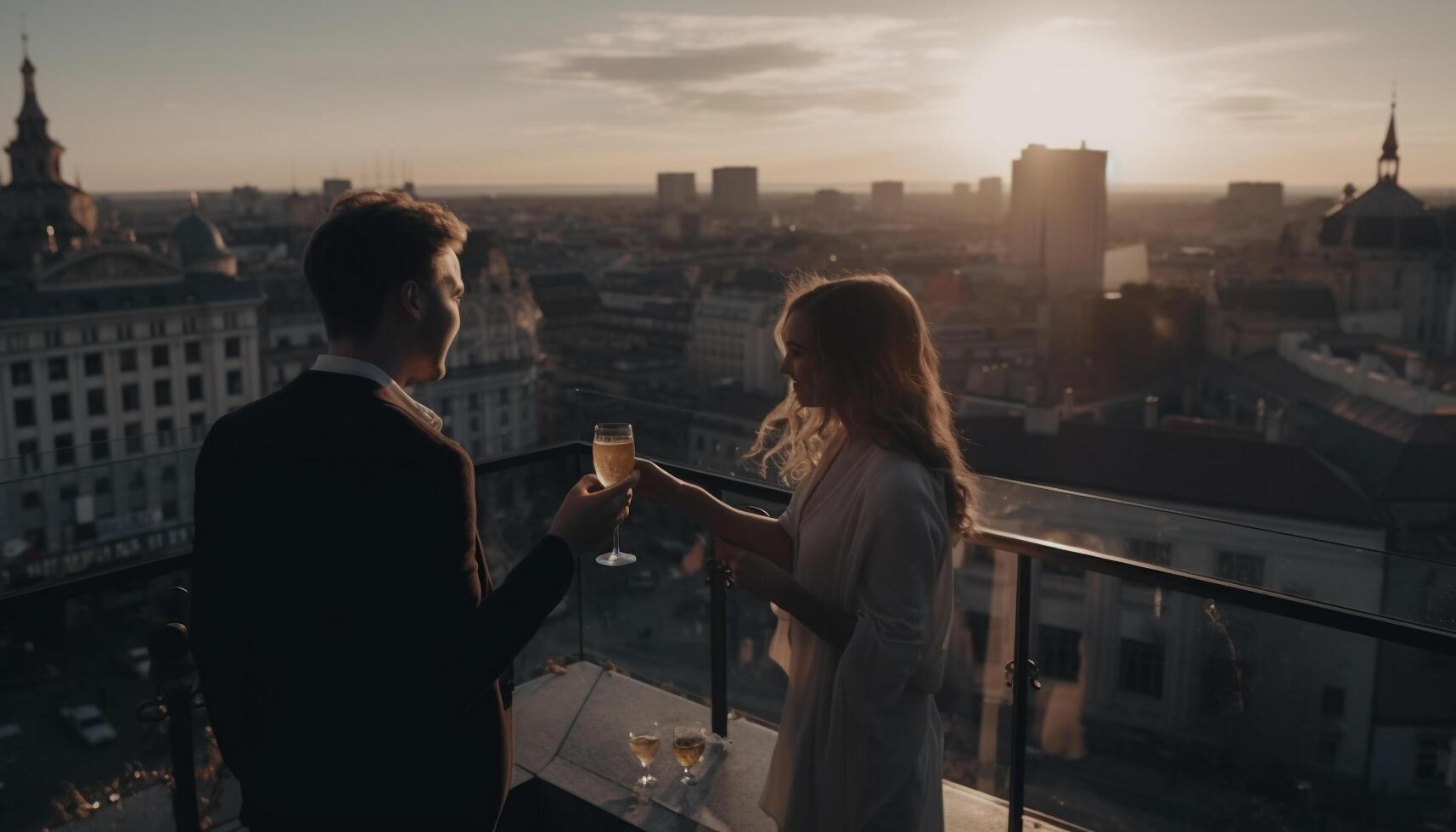 Jeune couple jouit Champagne sur ville toit généré par ai photo